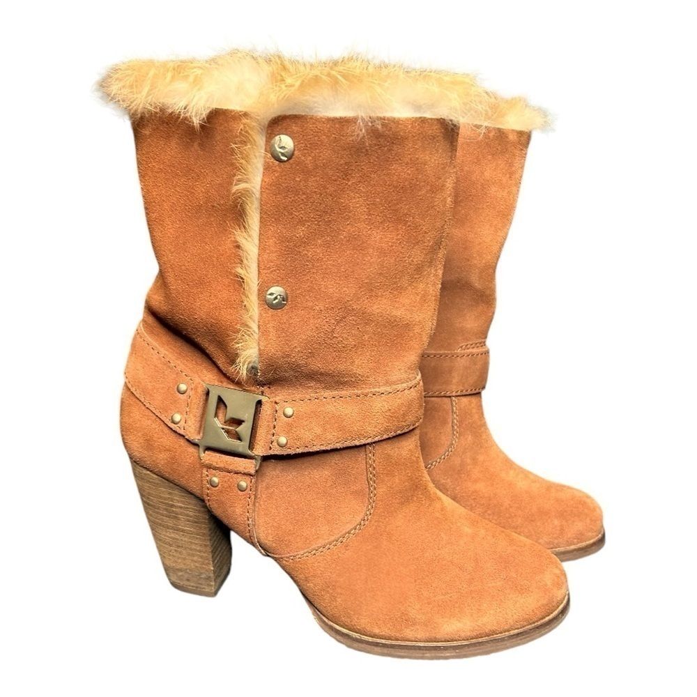 Koolaburra UGG Karlee Brown Suede Boots Fur Lining Snap Close Heel 8